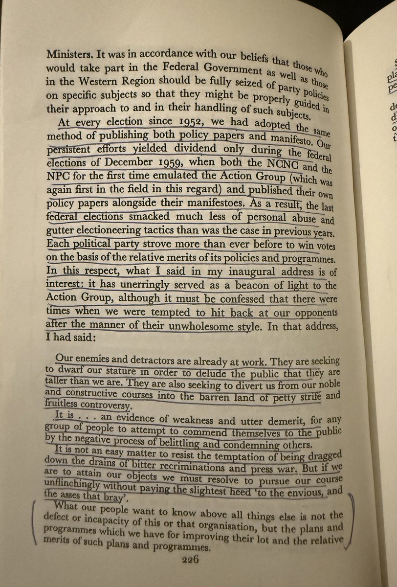 OgbeniDipo's tweet photo. This is such a fantastic tweet. It’s always great to see when young folks reel out historical FACTS. The only thing missing here is what I shall add.

Chief Obafemi Awolowo, our hero and icon, introduced debates into Nigerian politics. He was the FIRST to introduce a MANIFESTO. Not abuses, insults, false propaganda, gaslighting and rage baiting like some others in his time. 

I urge everyone to read pages 225-226 of the book ‘AWO: The Autobiography of Chief Obafemi Awolowo. 

I am a proud Yoruba man from Osun 💙. I can never and will never suffer from inferiority complex in my lifetime!