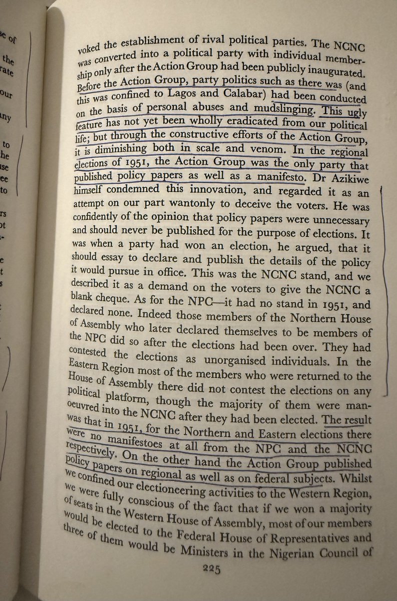 OgbeniDipo's tweet photo. This is such a fantastic tweet. It’s always great to see when young folks reel out historical FACTS. The only thing missing here is what I shall add.

Chief Obafemi Awolowo, our hero and icon, introduced debates into Nigerian politics. He was the FIRST to introduce a MANIFESTO. Not abuses, insults, false propaganda, gaslighting and rage baiting like some others in his time. 

I urge everyone to read pages 225-226 of the book ‘AWO: The Autobiography of Chief Obafemi Awolowo. 

I am a proud Yoruba man from Osun 💙. I can never and will never suffer from inferiority complex in my lifetime!