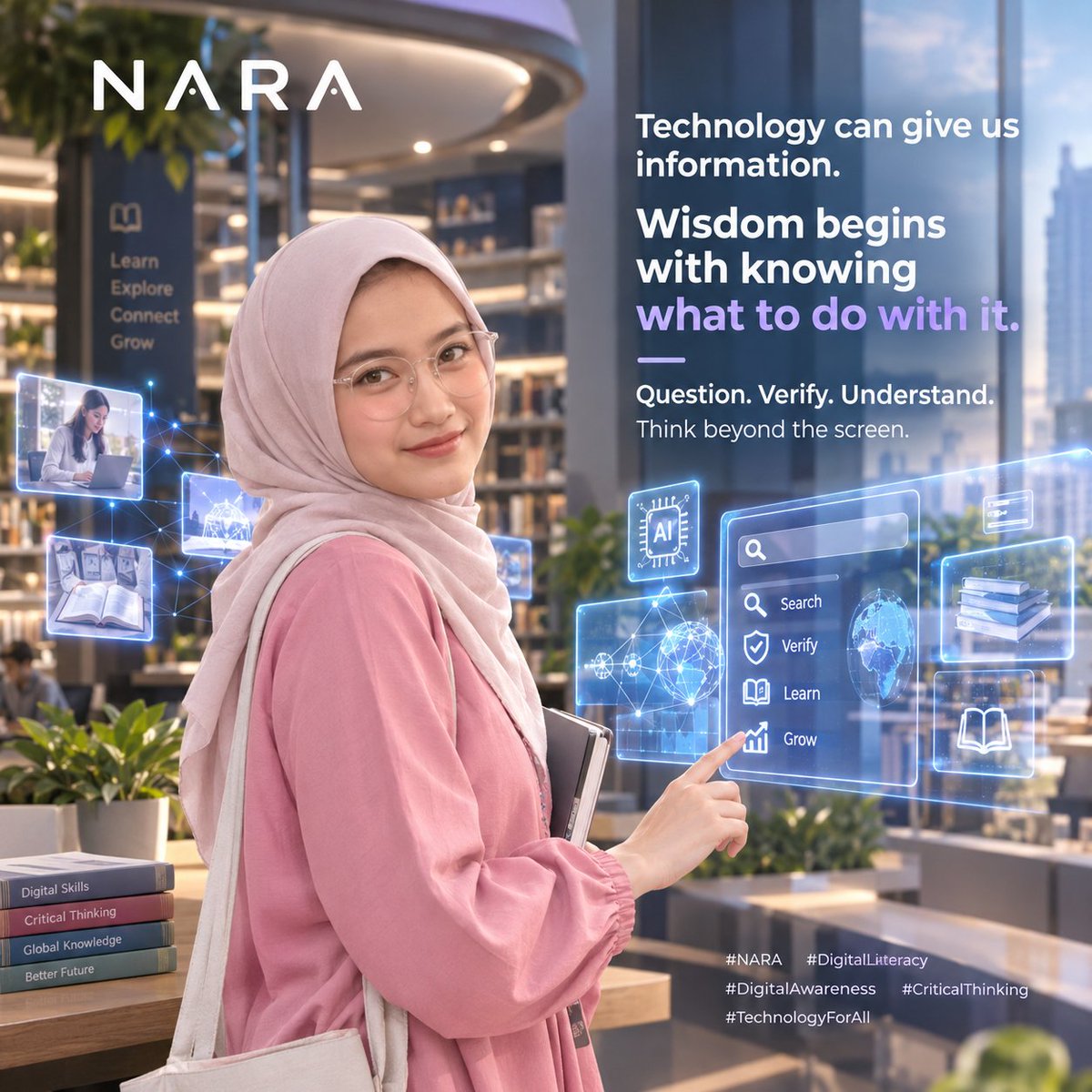 naracheers's tweet photo. Technology can give us information.

But information alone isn't enough.

Question.
Verify.
Understand.

Use technology to learn — not simply to follow.

Think beyond the screen.

#NARA #DigitalLiteracy #DigitalAwareness #CriticalThinking #TechnologyForAll https://t.co/gYX4fvWlVN