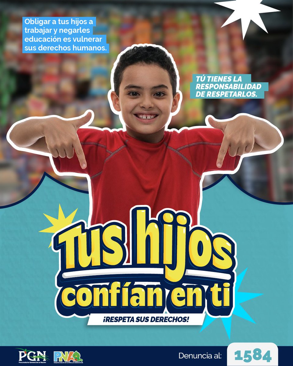PGNguatemala's tweet photo. Obligar a los niños, niñas y adolescentes a trabajar y negarles educación, vulnera sus derechos humanos. Unámonos para eliminar la explotación infantil.
Tus hijos confían en ti: ¡respeta sus derechos! 📚
Denuncia vulneraciones al 1584.
#TusHijosConfíanEnTi #PGN #PNA https://t.co/2AxqYR24e2