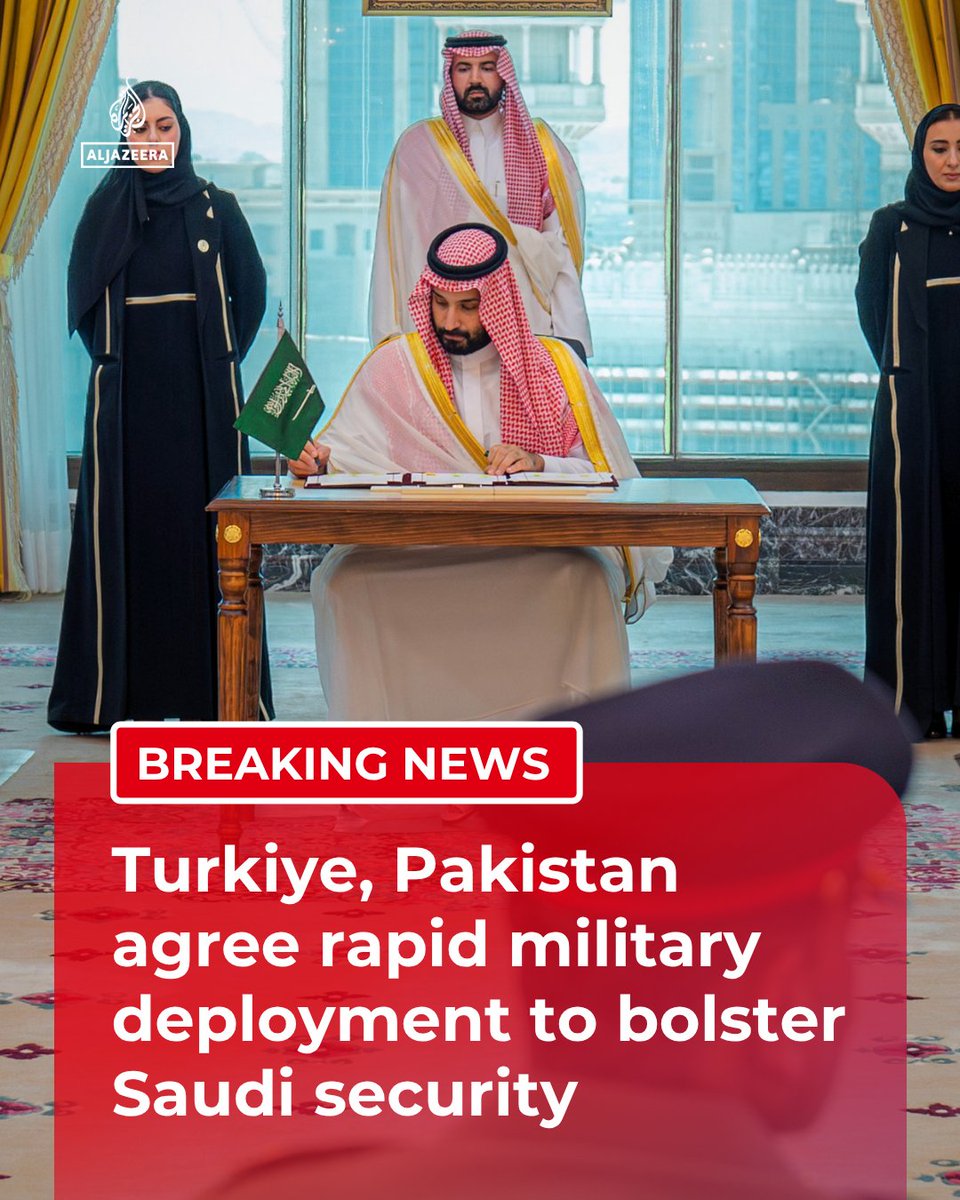 AJEnglish's tweet photo. Pakistan, Saudi Arabia and Turkiye have agreed to deploy military forces and capabilities rapidly in Saudi Arabia, Pakistan's foreign ministry said in a joint statement.

🔴 LIVE updates: https://t.co/ovZONYAKb4 https://t.co/HLCtXgGR5X