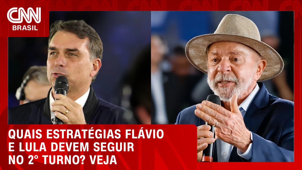 A CNN Brasil graphic features side-by-side photos of Flávio and Lula speaking into microphones, with the headline "QUAIS ESTRATÉGIAS FLÁVIO E LULA DEVEM SEGUIR NO 2º TURNO? VEJA," promoting coverage on the strategies the two candidates must adopt for the second round of their campaigns on #CNN360°.