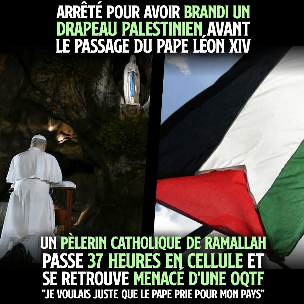 ContreAttaque_'s tweet photo. UN JEUNE CATHOLIQUE ENFERMÉ 37 HEURES  ET MENACÉ D’EXPULSION POUR AVOIR BRANDI UN DRAPEAU PALESTINIEN AVANT LE PASSAGE DU PAPE

– «J'étais triste et je me suis senti victime d'une injustice» déplore ce pèlerin palestinien après avoir été interpellé à Lourdes –

1/2 ⤵️ https://t.co/3GZGHdVvj0