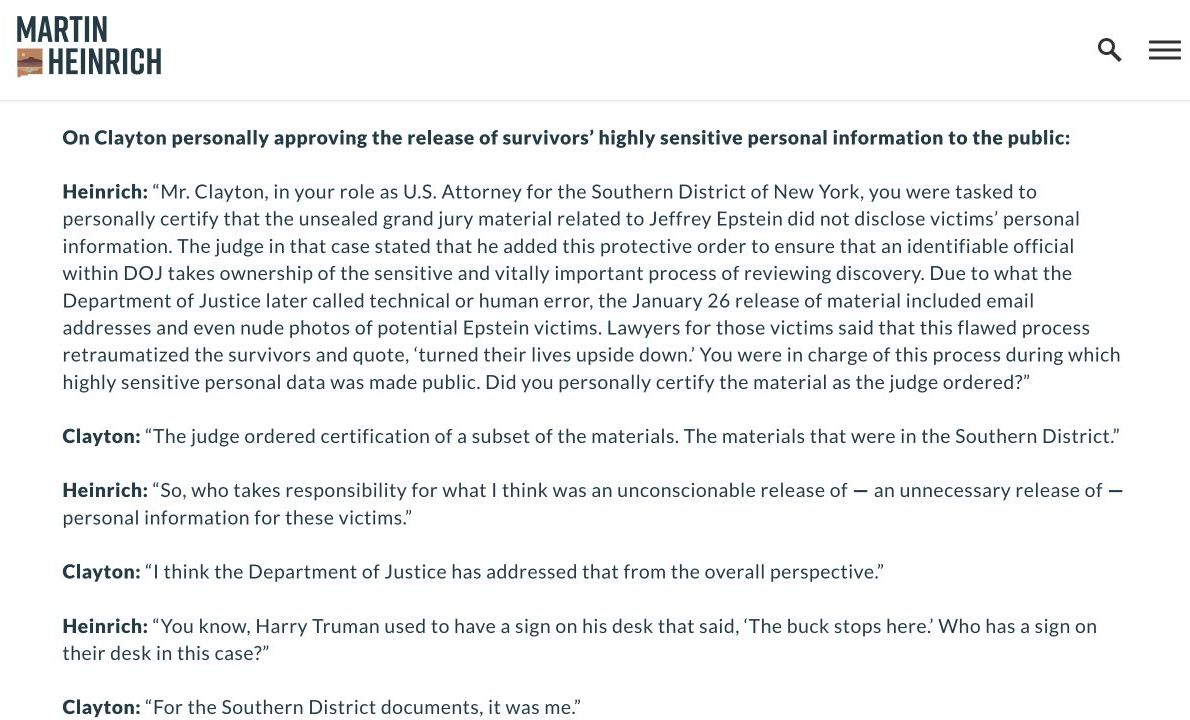 LeverNews's tweet photo. Jay Clayton personally signed off on an Epstein files release that exposed potential victims’ names, emails and nude photos.

Asked who was responsible, he said: “For the Southern District documents, it was me.”

Trump’s response? Put him in charge of U.S. intelligence AND AI policy.