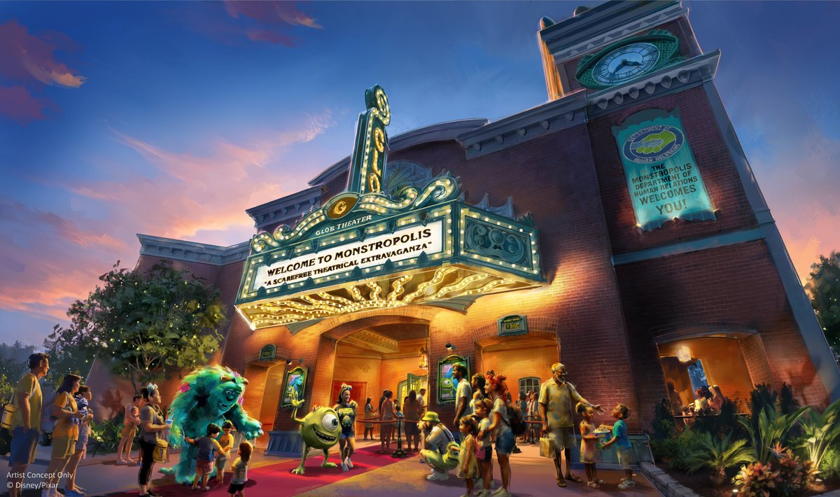 DrewDisneyDude's tweet photo. Walt Disney World shared updated concept art for Welcome to Monstropolis coming to Disney’s Hollywood Studios!

The Glob Theater lobby art features updated chandeliers and posters compared with what was previously released. https://t.co/wnDbwYXyQZ
