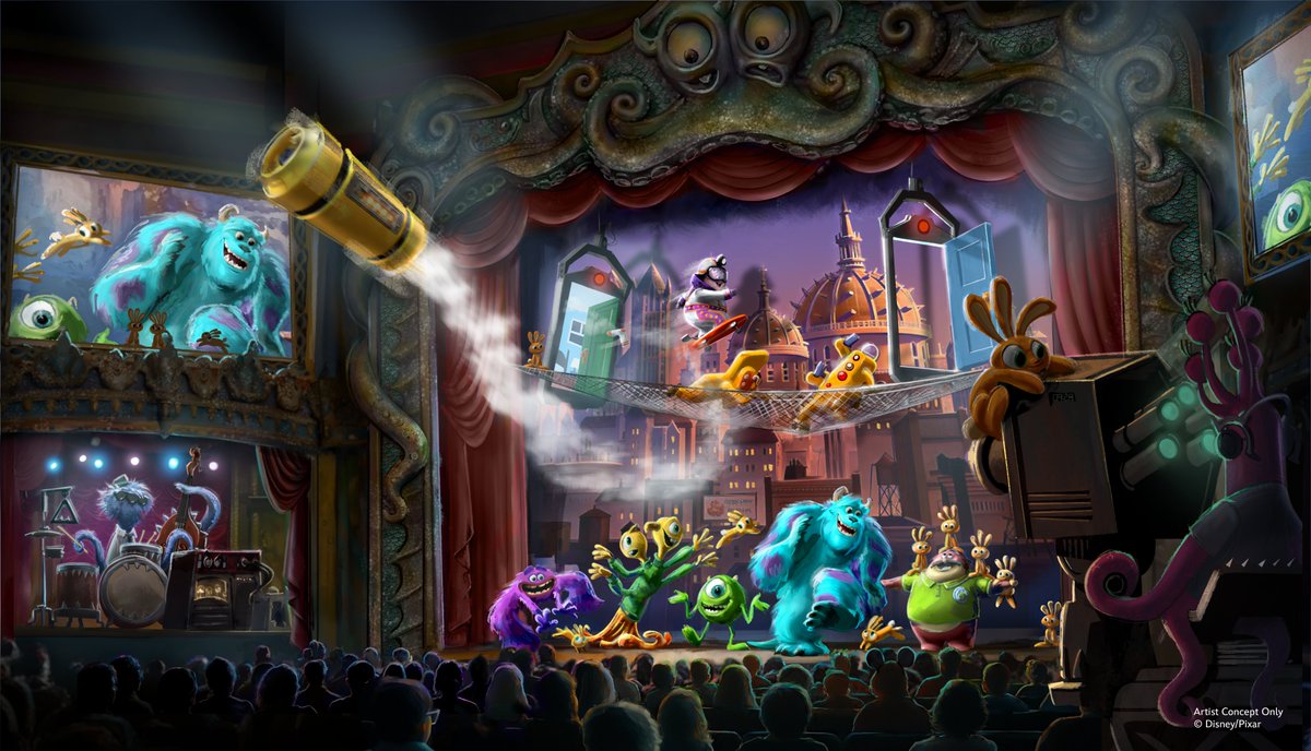 DrewDisneyDude's tweet photo. Walt Disney World shared updated concept art for Welcome to Monstropolis coming to Disney’s Hollywood Studios!

The Glob Theater lobby art features updated chandeliers and posters compared with what was previously released. https://t.co/wnDbwYXyQZ