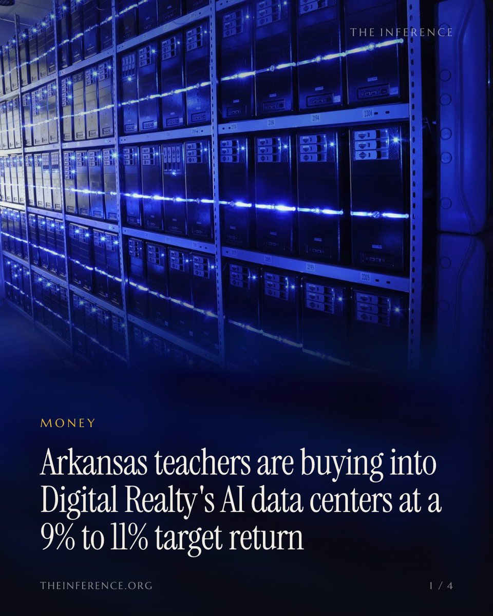 inference_org's tweet photo. Arkansas teachers' pension put $100 million into Digital Realty's new AI data center fund, which targets 9% to 11% a year. Jeff Olin rode the stock from $140 to $178 and sold it over the same risk.

https://t.co/1xnVQohRSb https://t.co/CRB0X4uOti