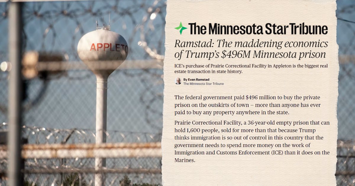 A newspaper article layout overlaid on a photograph of a fenced prison facility. A water tower marked Appleton is visible behind chain-link fencing and razor wire. The article has a newspaper masthead, headline, byline, and several paragraphs of text.