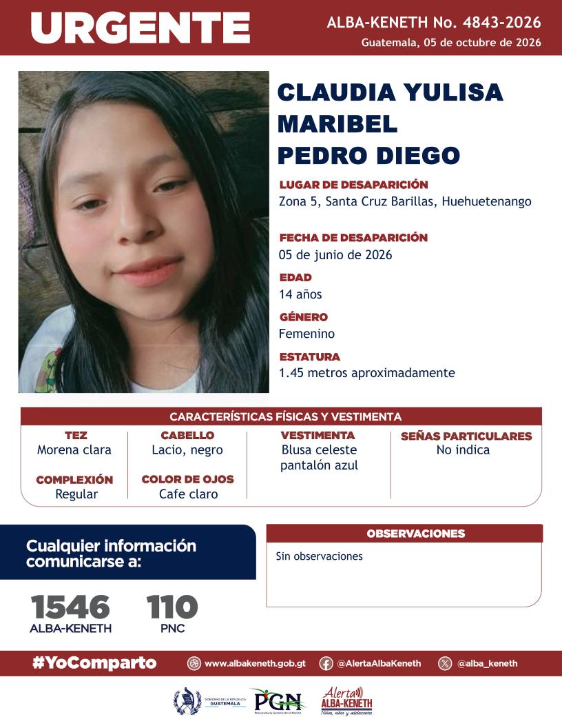 alba_keneth's tweet photo. #AlertaAlbaKeneth⚠️| Claudia Yulisa Maribel Pedro Diego de 14 años de edad. Desapareció el 05 de junio de 2026, en Zona 5, Santa Cruz Barillas, Huehuetenango.

🔁Comparte y ayúdanos con su localización.
📞Si tienes información llama al 1546. #YoComparto https://t.co/ncBAiydFuz