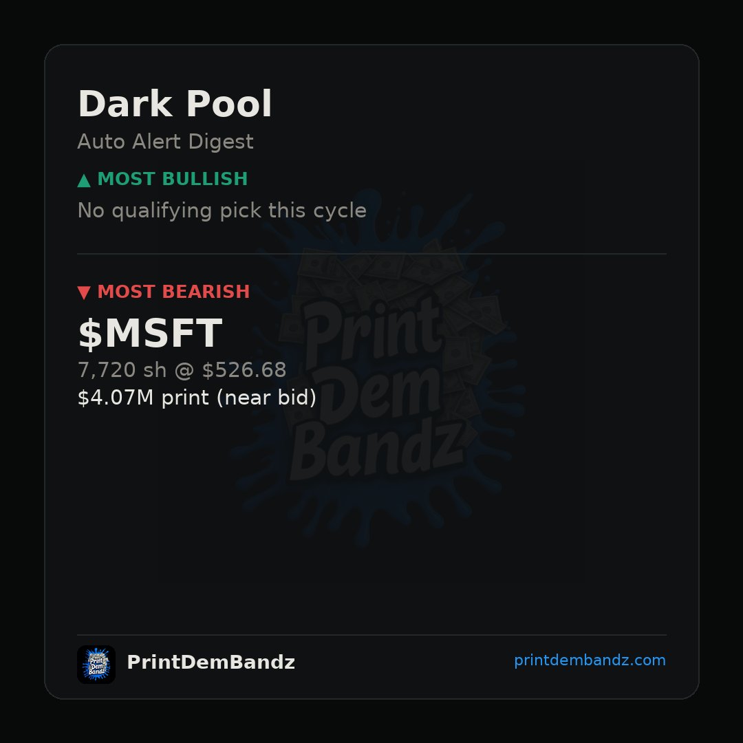PrintDemBandz's tweet photo. $MSFT just printed 7,720 shares @ $526.68 near the bid — $4.07M stepping out quietly 🔻 No bullish print even qualified this cycle. #DarkPool https://t.co/vNoHPvwXfu