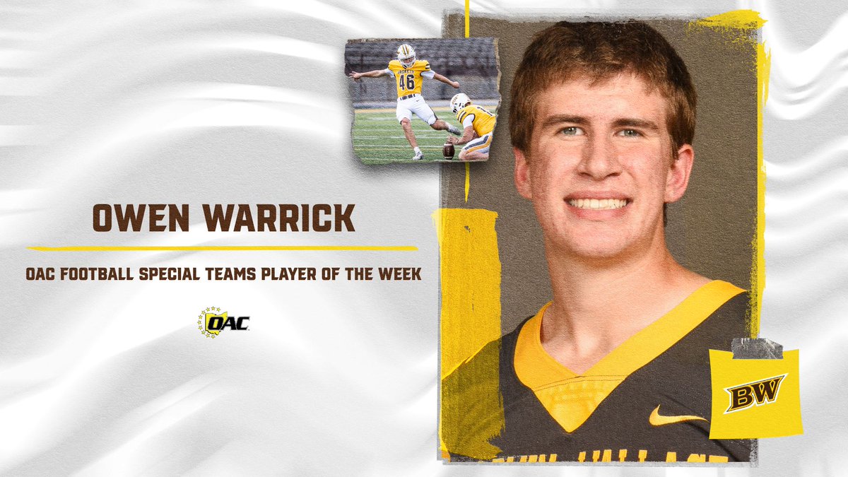 bwathletics's tweet photo. Owen Warrick has been named the OAC Special Teams Player of the Week! 🏈

Warrick accounted for 11 points in BW's win over #21 Heidelberg, connecting on both of his field-goal attempts and all five of his extra-point attempts.

Congratulations, Owen! 👏

#BWGrit | #AwwJackets https://t.co/jkSTNCp5FE