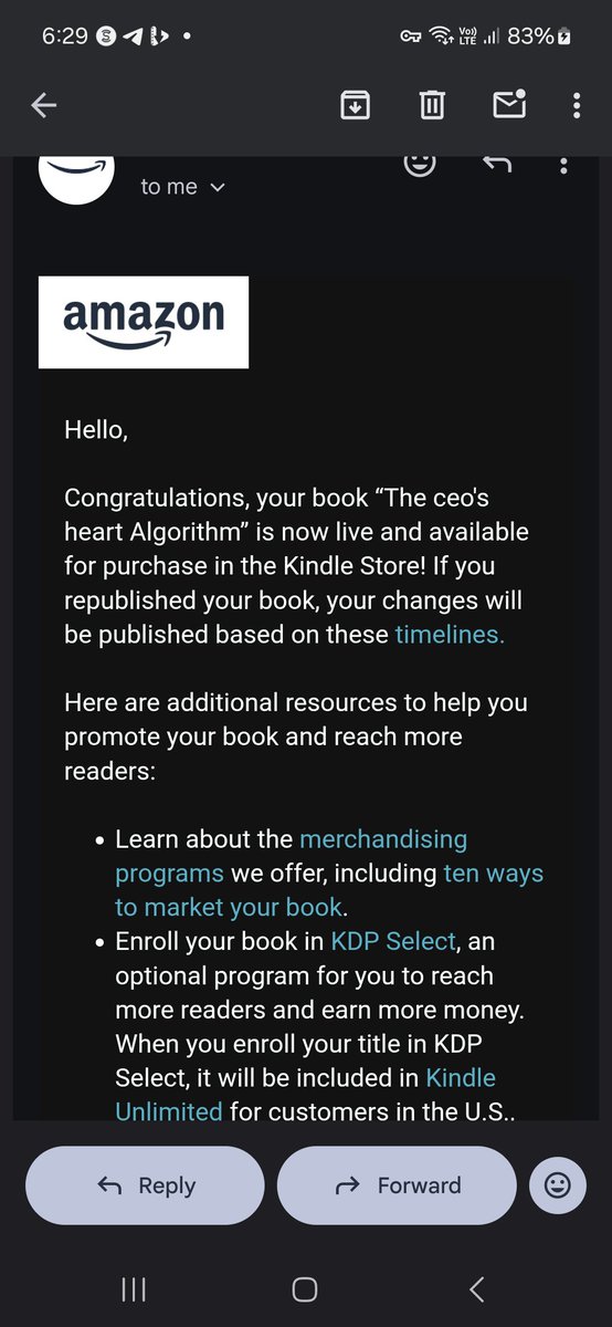 CoachTema's tweet photo. I just published my book on Amazon. Now I want to show you how to do the same. 📚🔥
Amazon just sent me the email every author waits for: "The CEO's Heart Algorithm" is now live in the Kindle Store.
No publisher. No gatekeepers. Just a finished book, the right process. https://t.co/SnSEtPbExT