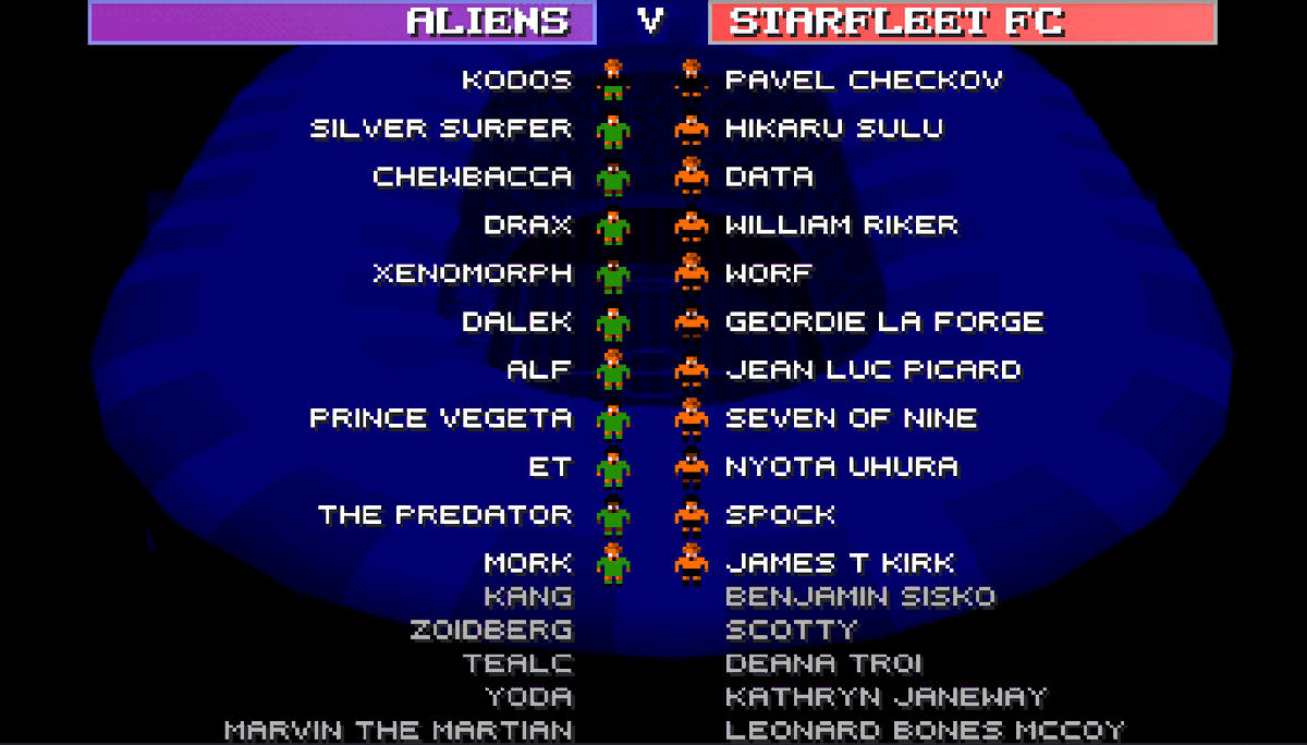 SensibleSWOS's tweet photo. Aliens vs Starfleet F.C.
Kick off 3pm on the moon
#StarTrek #Aliens #Simpsons #SensibleSoccer #retrogaming #retrogames #Amiga #Commodore #GamersUnite #WilliamShatner #Spock #Alf #Xenomorph #Dalek #Vegeta #Gaming #football #space #mod #SWOS #DS9 #NextGen https://t.co/FJCYGeMuvb