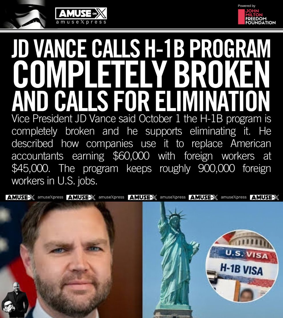 amuse's tweet photo. H-1B: While well-intentioned, the H-1B visa program is completely broken. JD Vance is right: eliminate it and start over.