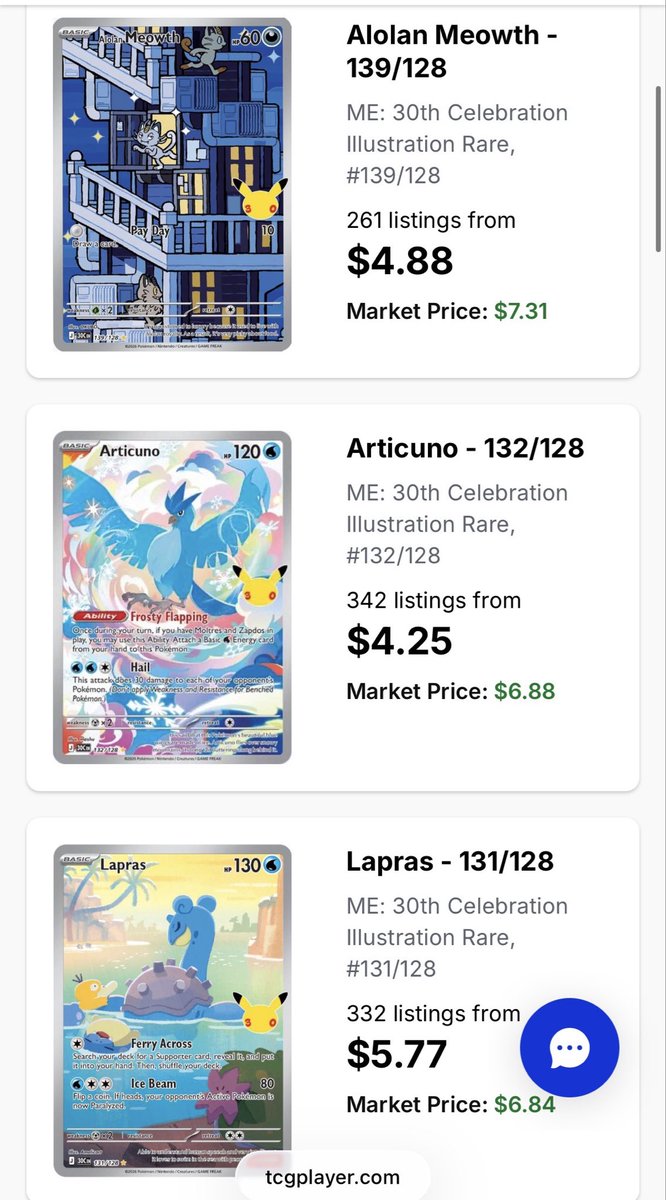 totodile_king's tweet photo. Every single Illustrstion Rare from the 30th Anniversary set is under $12 😀

You can buy the entire set for under $100 as well.

With more product on the way, I’m not sure how much longer this can go, but I love to see it. Big win for collectors and big L for scalpers! https://t.co/o7MOUll955