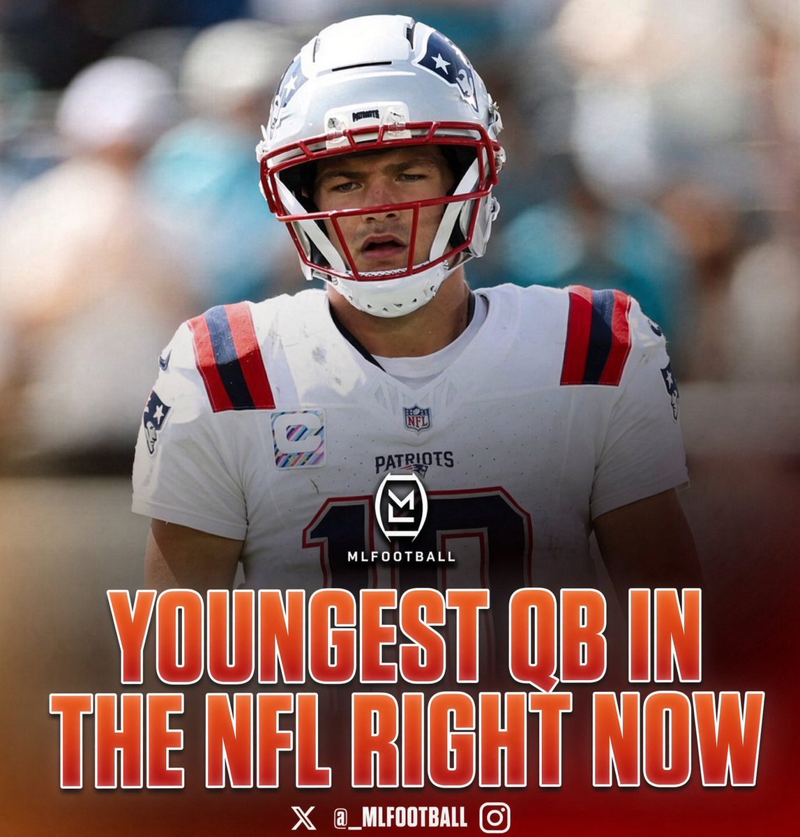 MLFootball's tweet photo. 🚨🚨THIS IS WILD🚨🚨

#Patriots QB Drake Maye is currently the YOUNGEST starting quarterback in the #NFL at just 24 years old.

People forget how young Maye still is. The most accomplished young QB ever: Already earning All-Pro honors and leading New England to a Super Bowl.

👑 https://t.co/8ttTub72Fe