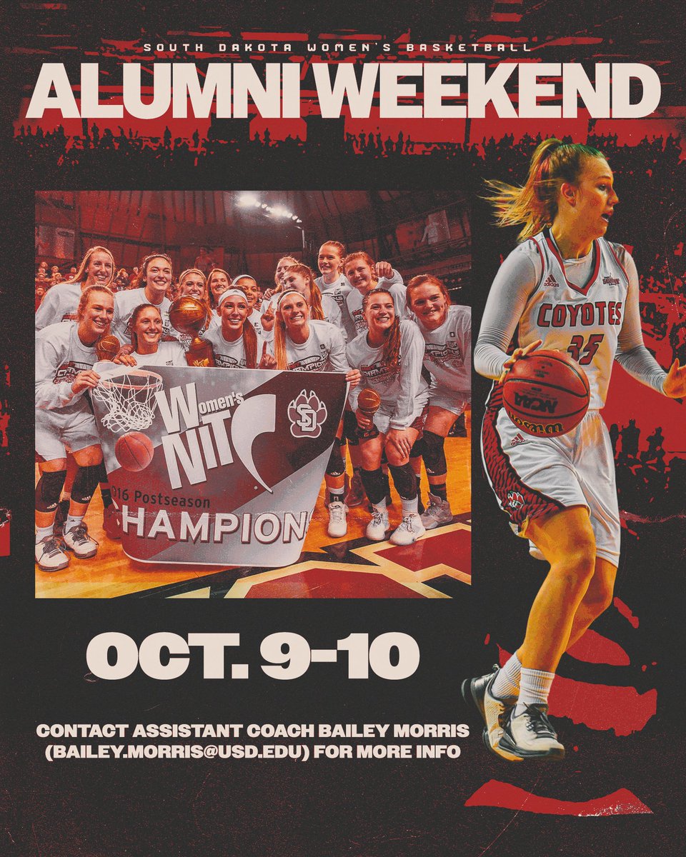 SDCoyotesWBB's tweet photo. Hall of Fame Weekend is this week! Join us in celebrating Nicole Seekamp and the 2015-16 WNIT Championship squad this weekend.
Details: https://t.co/xmNTlcLooX
Facebook Event Page: https://t.co/rSETARvbKh
#GoYotes https://t.co/X6nbxUtt31