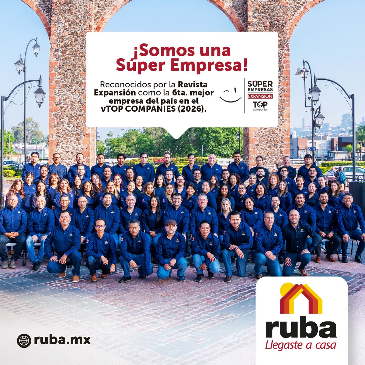 CasasRuba's tweet photo. ENTRE LOS MEJORES DE MÉXICO 🏆​
En 2026, RUBA fue reconocida por Revista Expansión como la 6.ª mejor empresa de México en el ranking TOP Companies.​

Un logro que refleja la cultura que compartimos, el compromiso de nuestra gente y todo lo que construimos juntos cada día. 🤝🏻✨​

#TOPCompanies #LlegasteACasa🏡