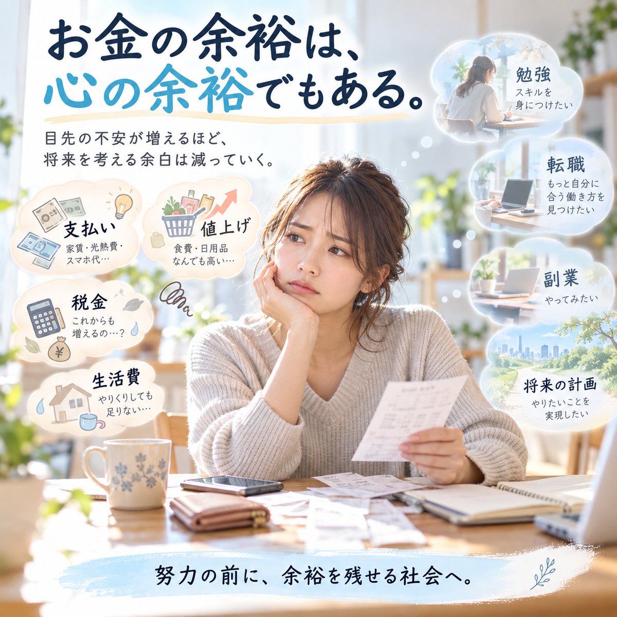 kuromusou's tweet photo. 低賃金、物価高、税・社会保険料。生活に余裕がなくなるほど、人は目先の支払いに追われ、将来のための勉強��転職、副業に使う時間と判断力まで削られる。
「自己責任」で片づける前に、国民から余裕を奪い続ける仕組みそのものを見直すべきでは？ https://t.co/mWv4yIQp4d