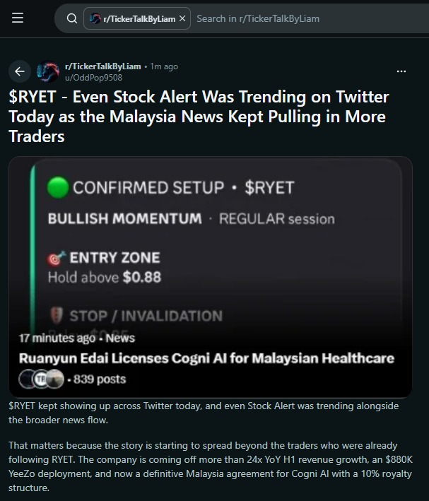 einfreakinstein's tweet photo. $RYET is attracting more attention following today's news regarding healthcare in Malaysia https://t.co/qLD8A3WO6J