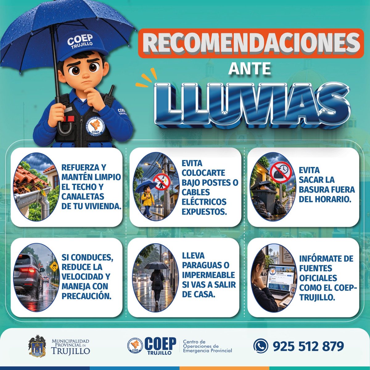 coeptrujillo_'s tweet photo. 🌧️⚠️ ¡Ante las lluvias, prevenir es la mejor decisión!

Pequeñas acciones pueden marcar la diferencia. 🏠🚗☔

👉🏽 Revisa tu techo y canaletas, evita zonas peligrosas, conduce con precaución y mantente informado mediante fuentes oficiales.

 #Lluvias #خان_کی_سالگرہ_مزاحمت_کے_نام https://t.co/hmLFiIxzuA