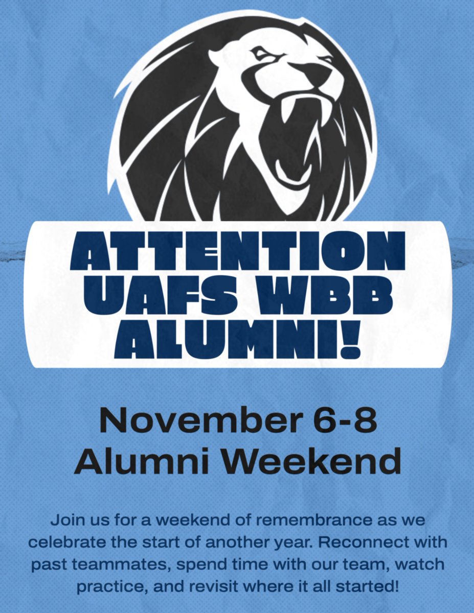 UAFS_WBB's tweet photo. Calling all UAFS WBB alumni! Join us for alumni weekend November 6-8. The weekend will include a social, tipoff banquet, and open practices. Schedule and more information soon! https://t.co/Zr6DCZy5nA