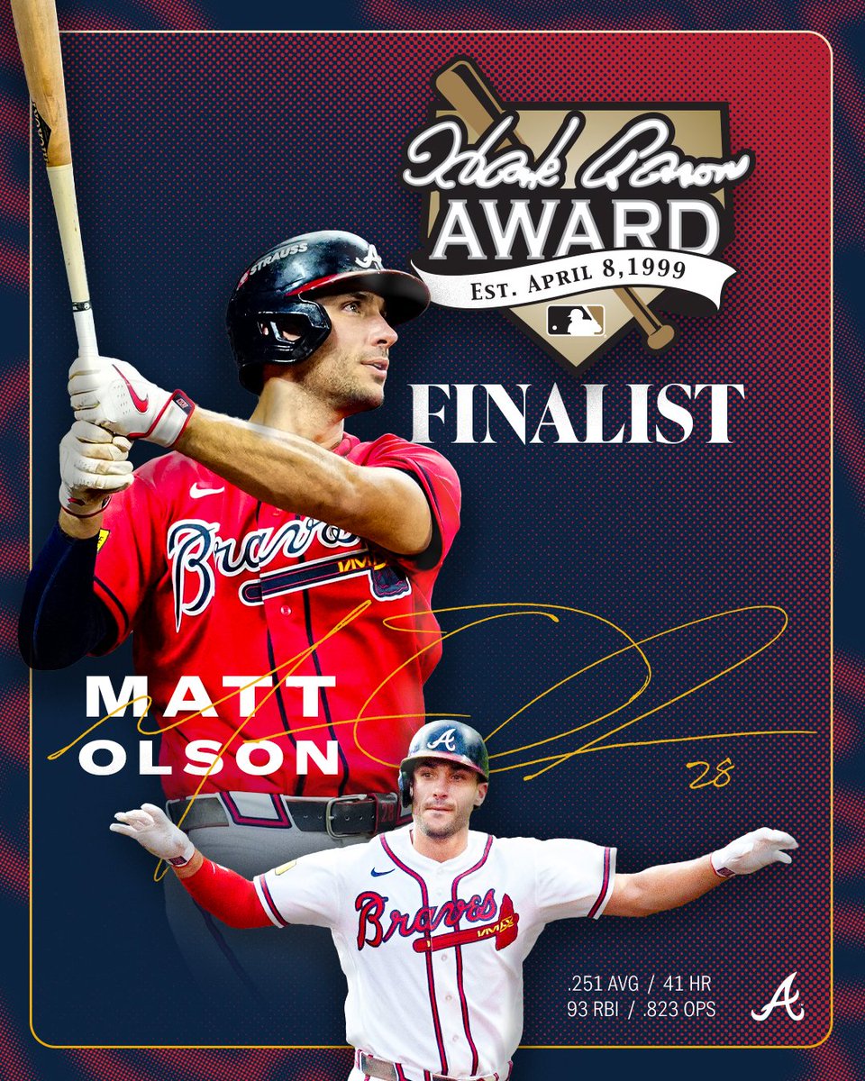 Braves's tweet photo. Congratulations to Matt Olson for being our 2026 Hank Aaron Award Finalist!

Vote for Matt: https://t.co/Wodk60kQL1 https://t.co/a5hVY4nPSo