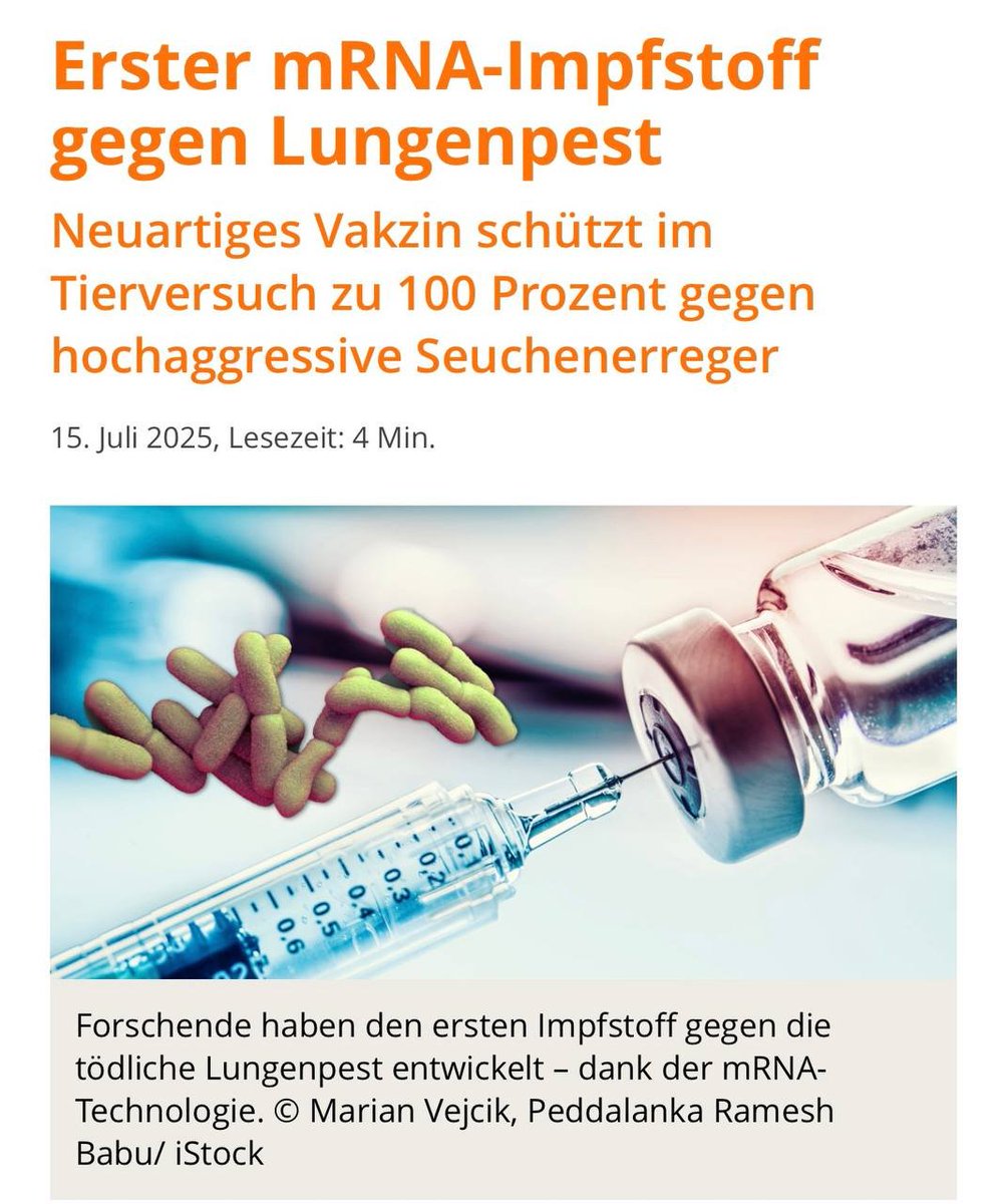 Shinsho_ni's tweet photo. Was soll schon da schiefgehen?🤷

Israel: Erster mRNA-Impfstoff gegen die Lungenpest entwickelt 

„Wissenschaftler der Universität Tel Aviv und des Israelischen Instituts für biologische Forschung sagen, dass ihr Impfstoff Lipid-Nanopartikel verwendet“ und „eine Schutzrate von 100 Prozent“ zeigt.

https://t.co/n2hXb7wQYu