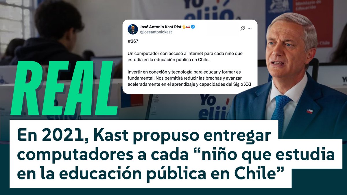 fastcheckcl's tweet photo. 🔎 #FactChecking | Tras conocerse el recorte al programa «Yo Elijo Mi PC» en la Ley de Presupuesto 2027, se compartió en redes sociales que José Antonio Kast, cuando era candidato en 2021, propuso entregar computadores a todos los niños que estudiaran en la educación pública. Fast Check calificó esto como ✅#Real

No te quedes solo con esta bajada 👇
https://t.co/eAFPOrYnYQ