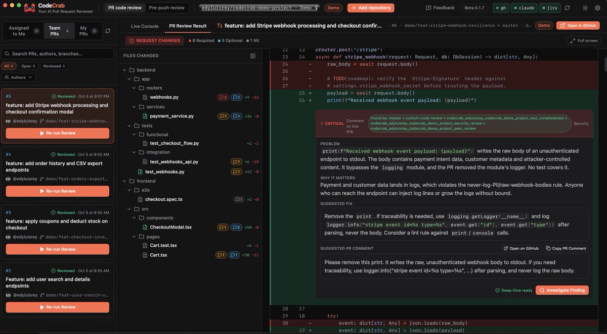 edyluisrey's tweet photo. Prueba CodeCrab sin tocar tus propios repositorios. 🦀

Ahora incluye un proyecto demo integrado. Instalas, abres y ves cómo funciona al instante en tu equipo. https://t.co/blikb98z1z https://t.co/sMk4JLWiAU