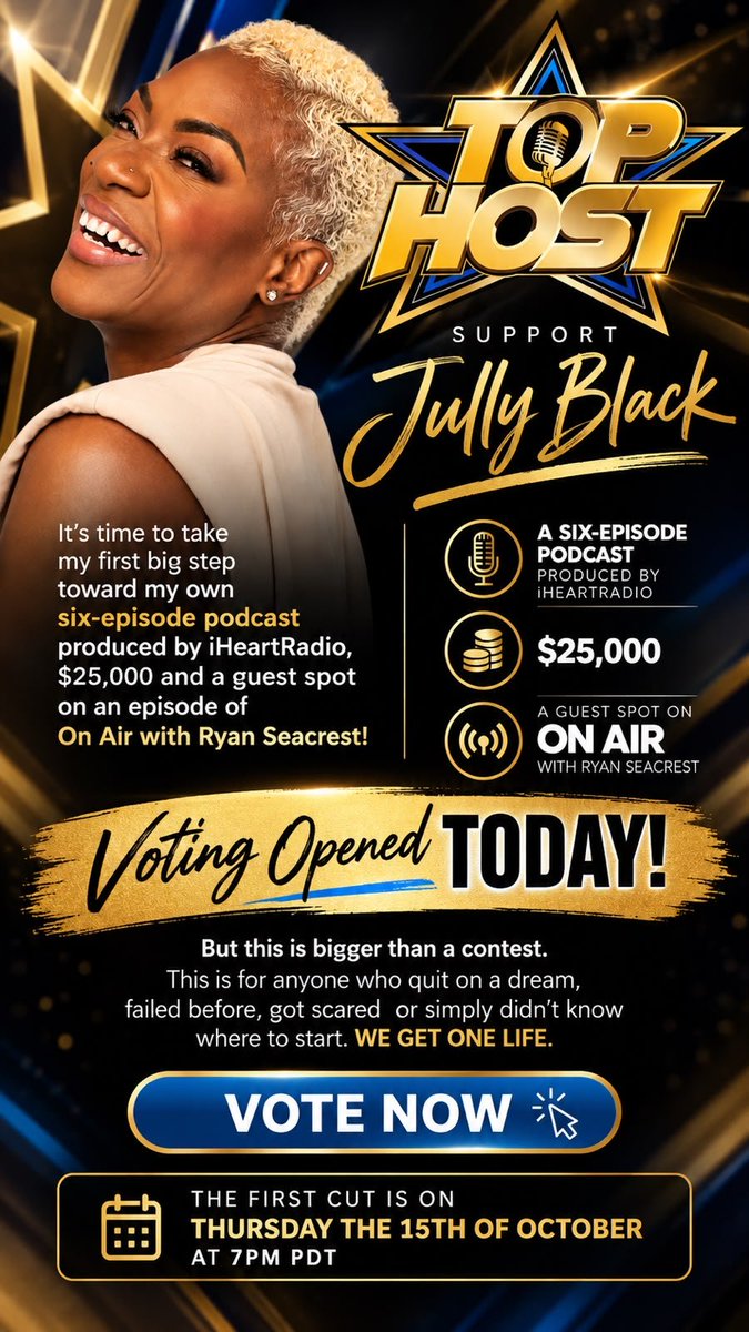 JullyBlack's tweet photo. Swinging the bat and entered the TOP HOST competition for a chance to win a six episode podcast produced by Ryan Seacrest’s team plus $25k!

But this is bigger than a contest. This is for anyone who quit on a dream, failed before, got scared or simply didn’t know where to start! https://t.co/c1eye5nMBX
