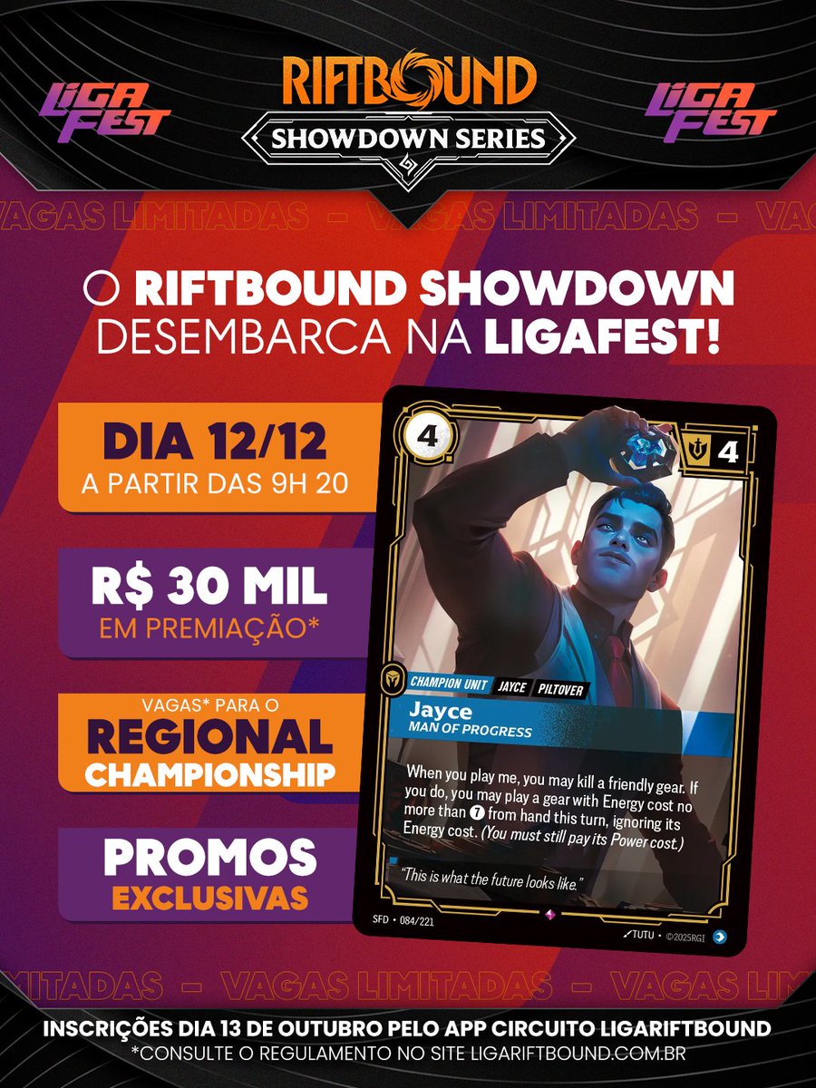 LigaFest's tweet photo. Temos o orgulho de anunciar que a 5ª edição da @LigaFest será palco do primeiro Riftbound Showdown da América Latina 🥳

O torneio acontece no dia 12 de dezembro e conta com uma premiação absurda, além de uma baita promo exclusiva para TODOS os participantes. https://t.co/IIQtzCSiHz