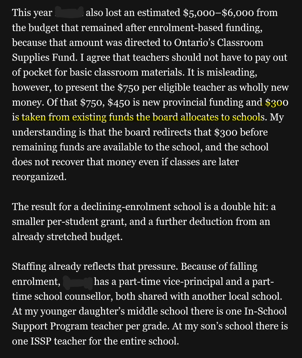 PreciousLesko's tweet photo. Today, I went on a small letter-writing campaign. I have three kids in different PDSB schools. Over the years I have watched the province promise more money for mental health and special education, while teachers are laid off, moved, given more duties, or have their positions disappear.

This year the province promised teachers money to help fund classrooms, without making clear to the public where that money comes from. Of the $750, $450 is new. $300 is taken from funds the board already allocates to schools. The school does not get it back.

Enrolment at PDSB has been declining for years, and per-student funding has declined with it. Schools on extremely tight budgets, including my son’s, are losing teachers. They were also hit with a second cut: several thousand dollars reserved for the Staples classroom-supplies arrangement.

That is the double hit. Fewer students does not mean fewer needs.

I wrote to the superintendent, the province’s supervisor at the @PeelSchools, and my local MPP (@DeepakAnandMPP). I encourage other parents to do the same. @PaulCalandra

#PeelSchools #PDSB #OntarioEducation #ClassroomSupplies #DecliningEnrolment