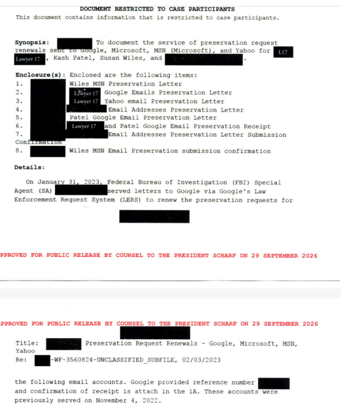 julie_kelly2's tweet photo. Shortly before Trump announced he would run for president--and a few weeks before Jack Smith was appointed special counsel--the Biden DOJ sent notices to tech companies demanding that they preserve emails from accounts belonging to Kash Patel, Susie Wiles, and an unidentified lawyers.

Those preservation requests were renewed by Jack Smith in 2023.