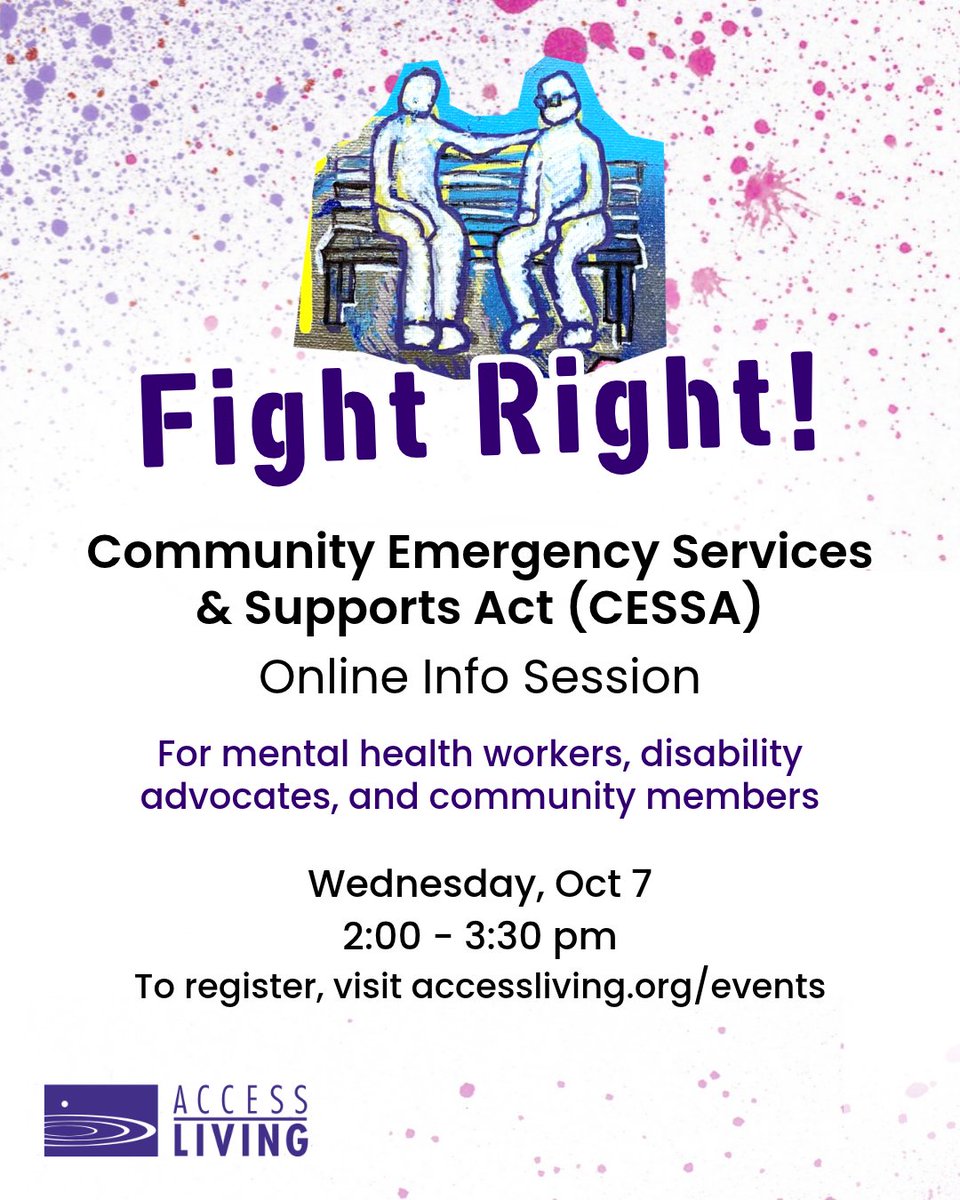 AccessLiving's tweet photo. Community members, mental health workers, and disability rights advocates are invited to join us this Wednesday for an online info session to understand CESSA, Illinois’ mobile crisis response system.

Visit our website to register: https://t.co/38m7WCJEdD https://t.co/cWspZBIJjC