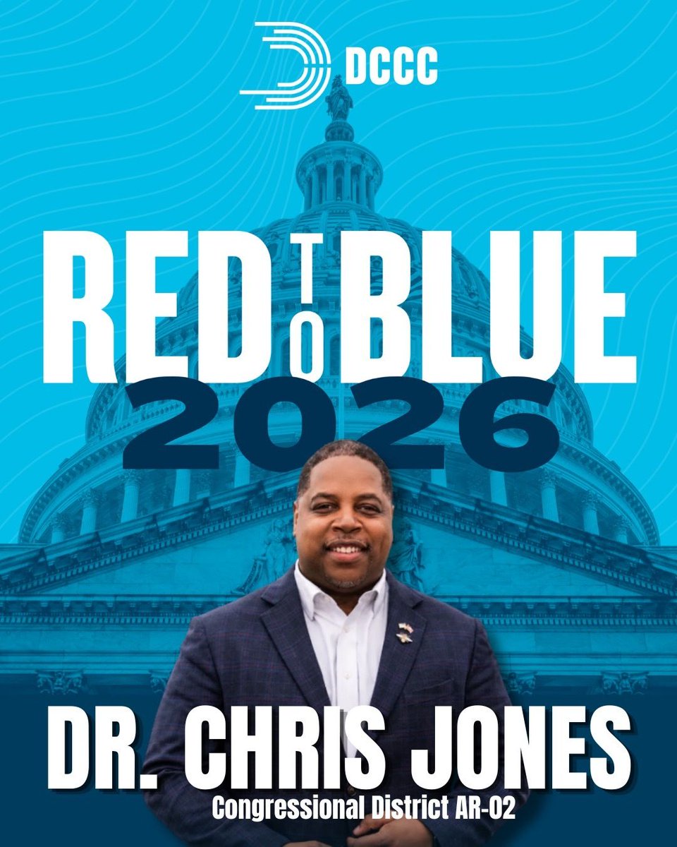 JonesForAR's tweet photo. What a day! We're on the DCCC's Red to Blue list. Now let's keep this momentum going. Give today &amp; help us reach every voter before day one voting starts Oct. 19: 

https://t.co/Bbl51IgmuI

#AR02 #ChrisJonesforCongress #RedtoBlue @DCCC #ARpx #ArkDems https://t.co/2bGxMEveAd