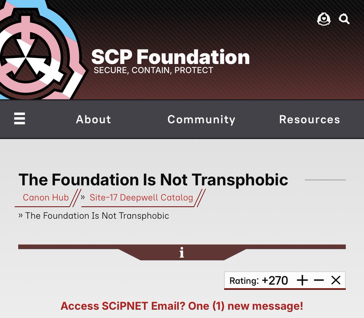 site_42's tweet photo. With all this Harry Potter discourse, reminder that The SCP Foundation has your science fiction, horror, magic, and other genre story needs covered without the rampant transphobia.

After all, https://t.co/Uce5v2WRhJ