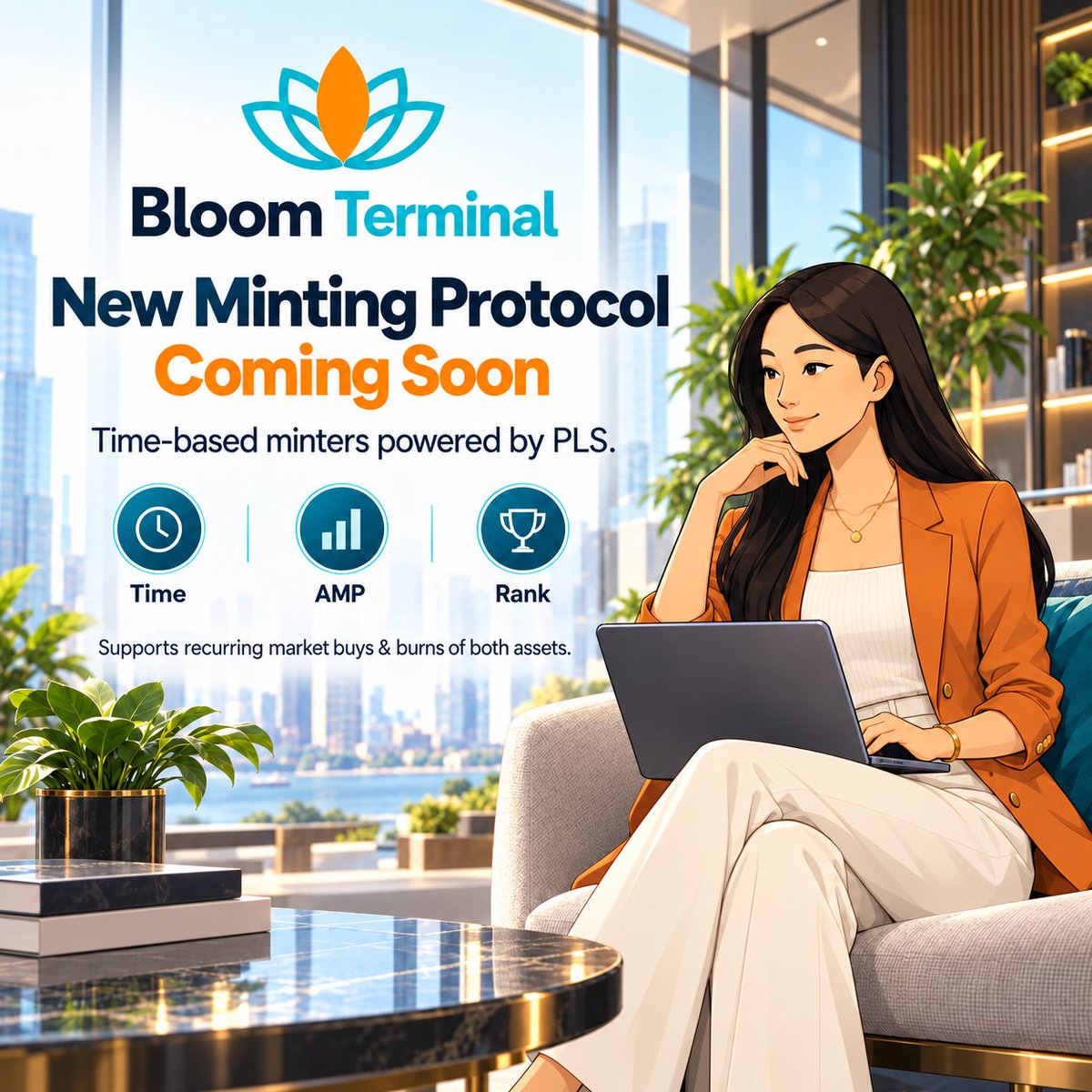 Bloom_Term's tweet photo. 🌸 A New Minting Protocol Is Coming to Bloom Terminal

Participants will be able to create time-based minters using $PLS, select a term, and mint a new ecosystem asset determined by time, AMP and network rank.

Minting activity will also support recurring market buys and burns of both assets, including $BLOOM.

More details will be released ahead of launch.

**Proposed Launch Date** : October 9th, 2026 FRIDAY

@LibertySwapFi @Coexisteven @yourfriendSOMMI @RichardHeartWin 

#BloomTerminal #BLOOM #PulseChain #DeFi #Crypto #Minters