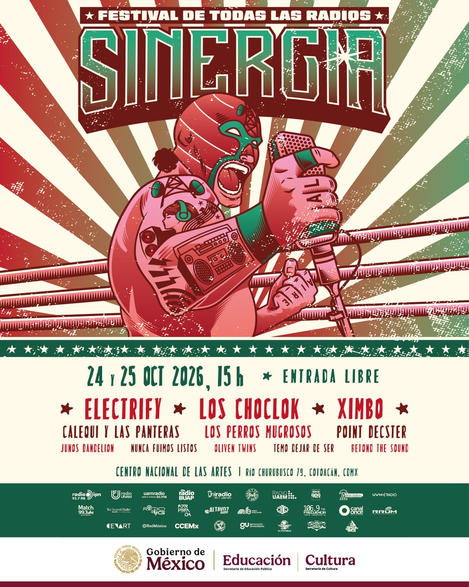 IPN_MX's tweet photo. 🎶🤘 @RadioIPNOficial te invita a #Sinergia2026, un punto de encuentro entre las radiodifusoras universitarias, la música, la cultura y las nuevas generaciones. ¡Ven y conoce las nuevas propuestas musicales!🎙️🔥
📅 Octubre 24 y 25
🕒 15:00 h
📍#CENART, CDMX
#RadioIPN https://t.co/NfjAE174uI