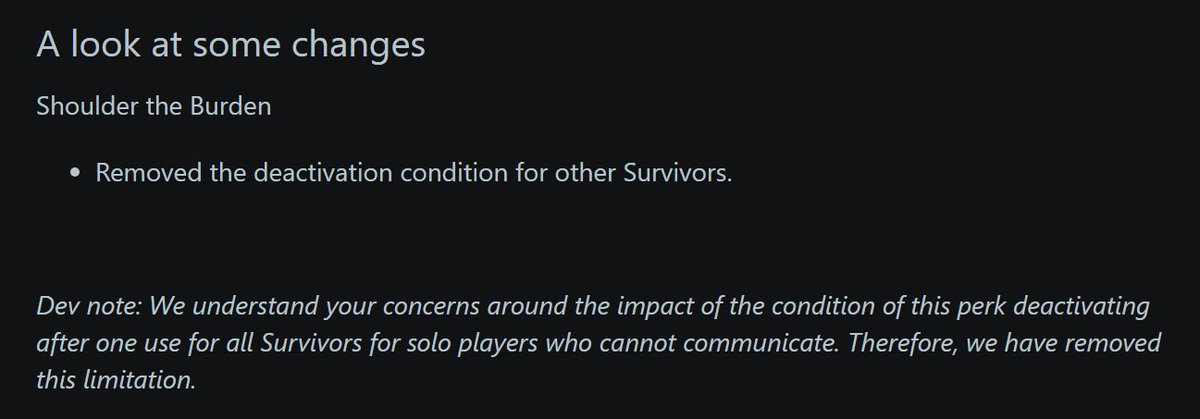 cloakhd's tweet photo. So the devs are just completely braindead at this point. We've waited YEARS for a Shoulder nerf just for them to completely revert the nerf.

But Dark Arrogance is too OP for killer so that's being nerfed. Amazing. https://t.co/8XpKNMu9iR