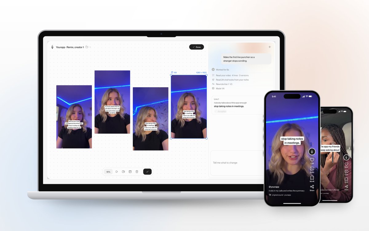 viralwayco's tweet photo. You spent months building your app.

Give people a reason to stop scrolling and try it.

Viralway turns your app into short-form videos for TikTok, Reels, and Shorts—so you can show what it does instead of just telling people.

https://t.co/OWSodlIAmV https://t.co/tzrppE9Yh6