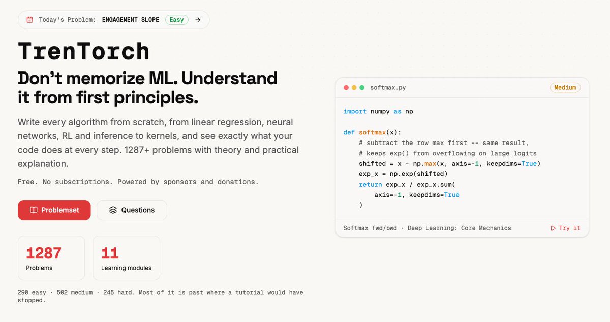 ShivtejG236's tweet photo. Well, we just made this damn dense, yet gorgeous & digestible as always! ✨

We've got:
- 11 systematically curated tracks
- support for python libraries external to pyodide
- support for SQL & data visualization
- a total of 1287 questions
- 250+ questions dedicated to company interviews 
- an airy UI with lots of character
done this far

What that means for you, is:
1. You get a very clean, laid out structure to study from. Choose a specialization track, skim through or go deep, your call!
2. You can now build plots, create tables, manipulate those and see everything happening live on screen with little to no latency
3. You can prepare yourself, not just for the systems, but now also for DS/ML/AI job interviews

TrenTorch is getting better every single day with increasingly more number of users ✨

That motivates us to make this even better, ofc! ⚙️