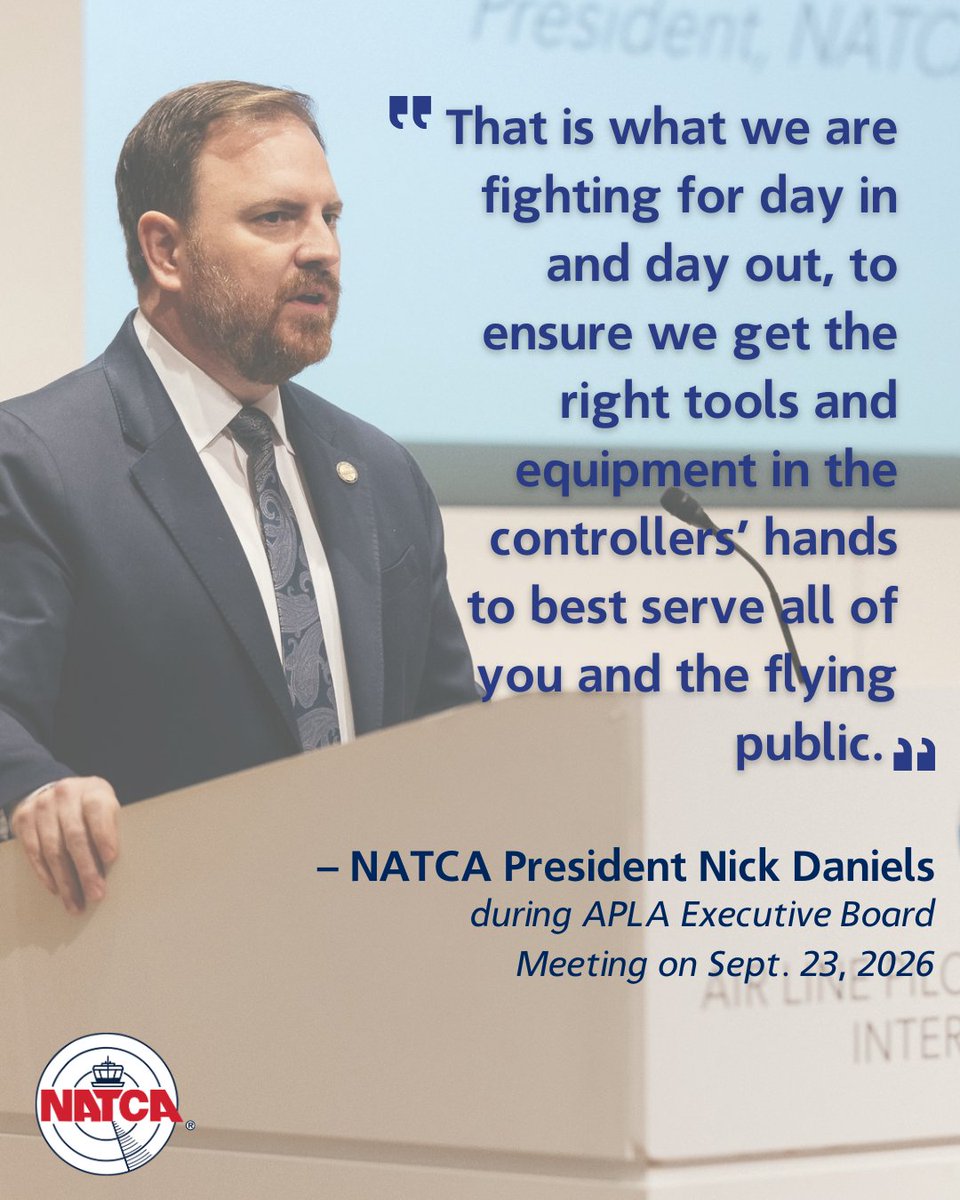 NATCA's tweet photo. NATCA President Nick Daniels addressed the Air Line Pilots Association (@ALPAPilots) Executive Board on Sept. 23, 2026. During his address, Daniels talked about the growing relationship between NATCA and ALPA and the two labor unions’ work with the Modern Skies Coalition. https://t.co/wJefZs919Y