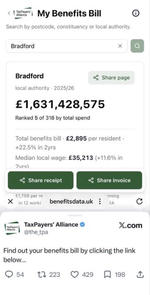 WasAcop's tweet photo. Bradford and Birmingham take nearly £6 billion a year in working-age benefits. 

The income tax and National Insurance their residents pay comes to less.

Two cities absorbing more in benefits than they contribute in the taxes that fund them is not sustainable. https://t.co/QtHJEFWSyn
