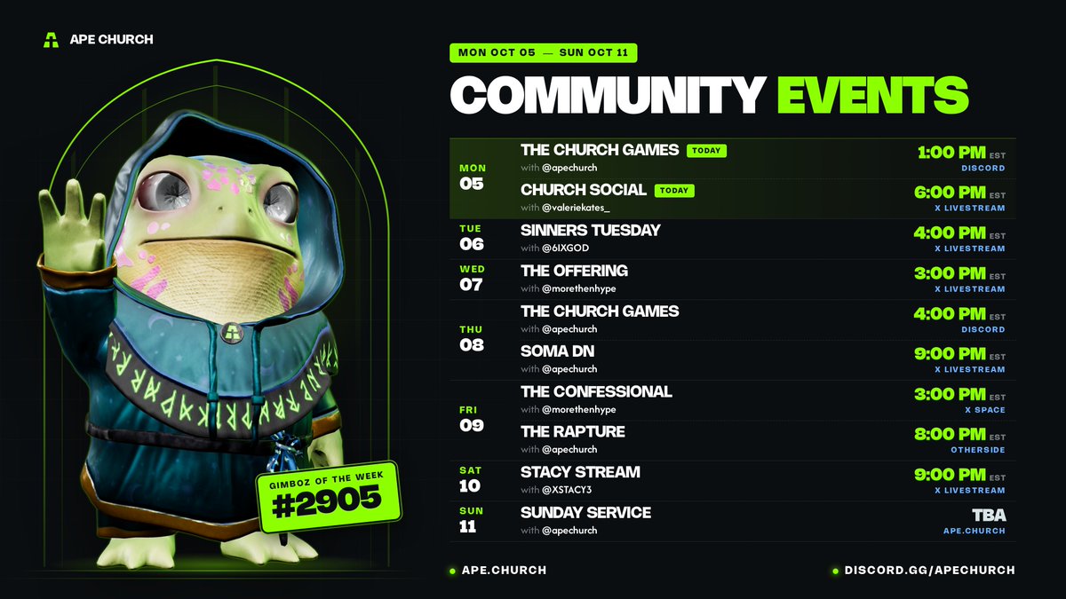 apechurch's tweet photo. SOMETHING HAPPENS AT THE CHURCH EVERY SINGLE DAY.

Ten events this week. Game nights, live streams, Spaces and a night in Otherside, with prizes going out the whole way. https://t.co/gXoSnMgRqv