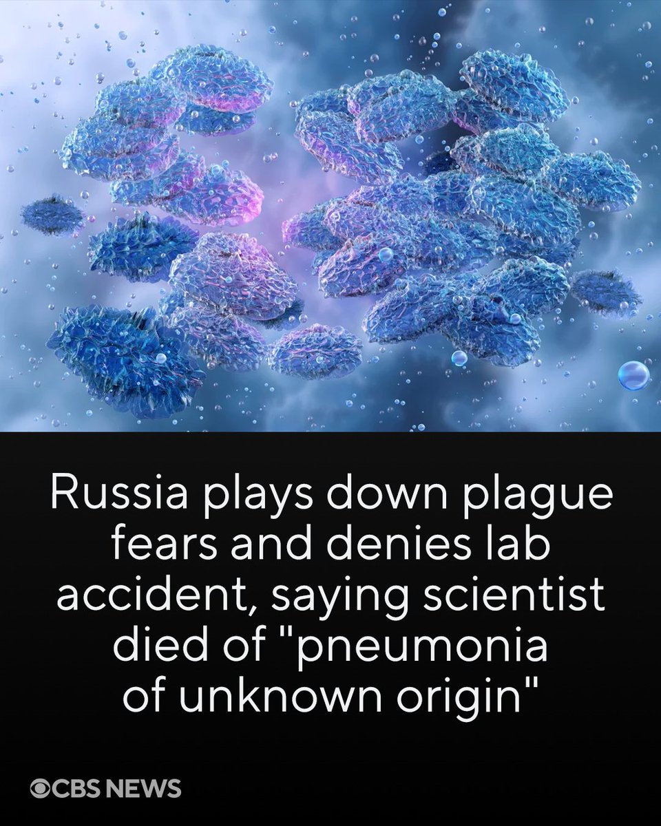 CBSNews's tweet photo. Russia's government played down concerns on reports that a 28-year-old scientist in Siberia may have died after exposure to plague bacteria at the anti-plague institute where she worked. Russian media initially reported that she broke a test tube containing plague bacteria in late September, followed by reports that she developed severe pneumonia and died days later.

But Russian health officials have disputed a link to her work, saying tests found no evidence of a dangerous pathogen and describing her cause of death as pneumonia of unknown origin. Officials also say nearly 200 people who had contact with her were tested and no dangerous infections were found.

Full story: https://t.co/sBEyO6GuR1