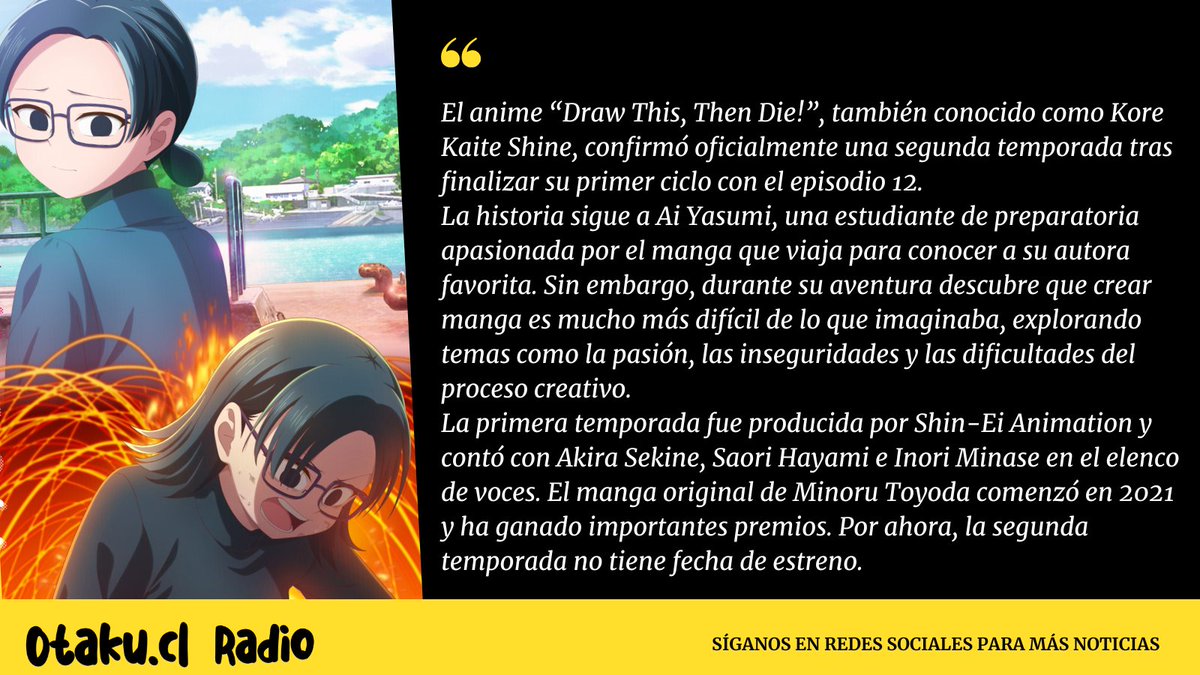 OtakuCLRADIO's tweet photo. Draw This, Then Die! tendrá segunda temporada

Recuerda sintonizar nuestra radio:  https://t.co/1PpCk66gAo

#KoreKaiteShine #DrawThisThenDie #noticiasdeanime #anime2026 #anime #jpop #jrock #kpop #vocaloid #CulturaOtaku #otaku #otakucl #AnimeRadio https://t.co/1Os2nxiwHb