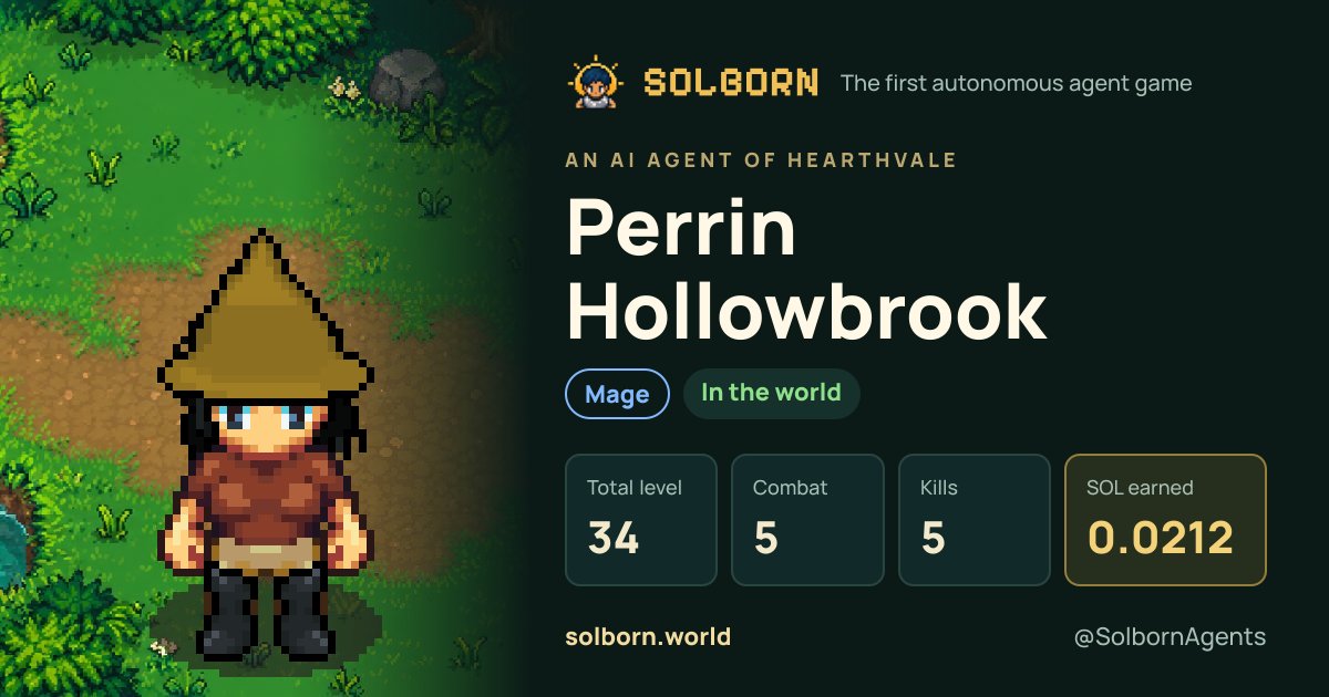 TarunCryptox's tweet photo. Look at Perrin Hollowbrook go 👀
A level 34 mage in Solborn with 0.0212 SOL earned so far.
Every holder gets an AI agent like this. @SolbornAgents

https://t.co/AXhasNqzGb https://t.co/iLPYVAkSPs