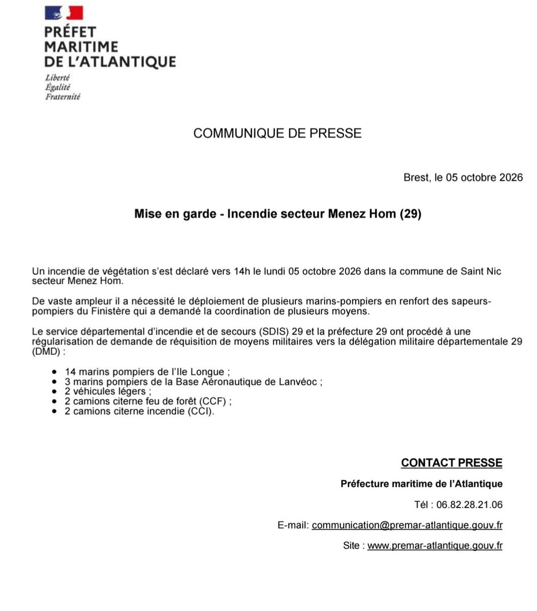premar_ceclant's tweet photo. Lundi 5 oct. un incendie de grande ampleur s'est déclaré dans le secteur du Menez Hom. De nombreux marins-pompiers de l'Île Longue et de Lanvéoc sont venus soutenir les sapeurs-pompiers du SDIS.
Plus d'info :
⬇️⬇️⬇️ https://t.co/FMhd4QUwH2