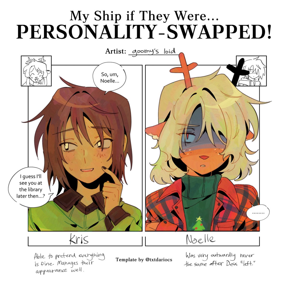 GOOMYLOID's tweet photo. it started with me just wanting to do this personality swap template, and then i kept thinking about it and turned it into a whole swap au oops #kriselle https://t.co/eguQ09hKqw